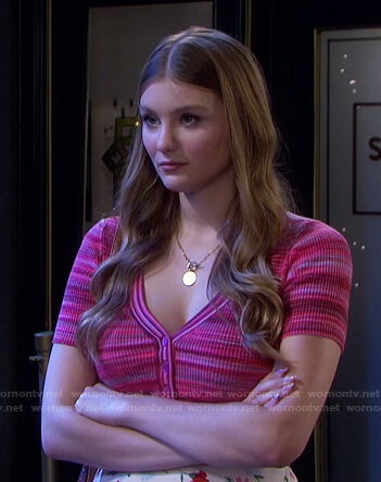 Allie’s  pink striped cropped cardigan and floral skirt on Days of our Lives