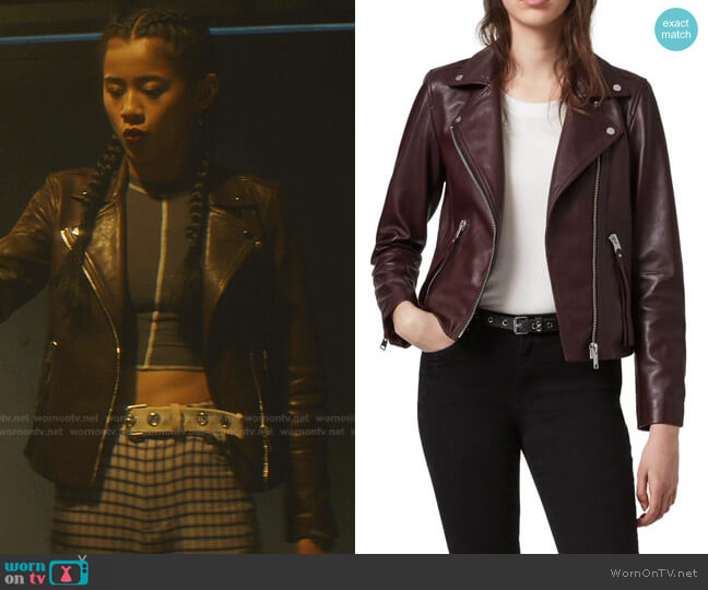 Dalby Leather Biker Jacket by All Saints worn by George Fan (Leah Lewis) on Nancy Drew