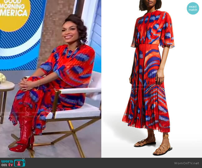 WornOnTV: Rosario Dawson’s red printed pleated dress on Good Morning ...