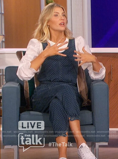 Amanda’s white puff sleeve blouse and denim jumpsuit on The Talk