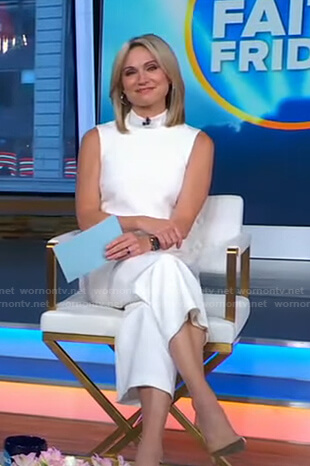Amy’s white mock neck sleeveless jumpsuit on Good Morning America