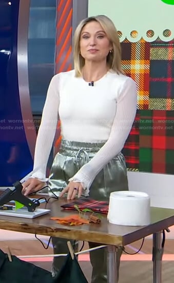 Amy’s white sheer sleeve top and satin pants on Good Morning America