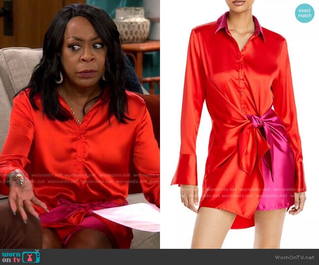 Aqua Color Block Tie Wrap Mini Dress worn by Tina Butler (Tichina Arnold) on The Neighborhood