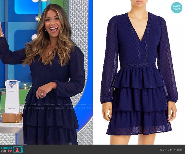 Aqua Tiered Ruffle Mini Dress worn by Manuela Arbeláez on The Price is Right