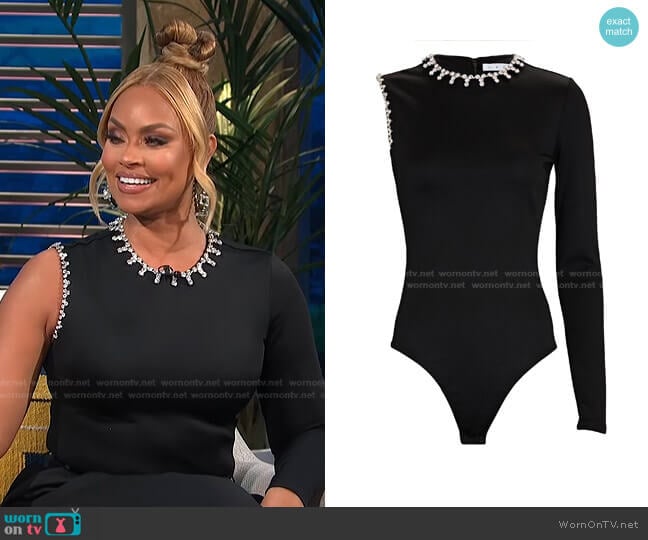 Asymmetric Crystal-Embellished Bodysuit by Area worn by Gizelle Bryant on E! News Daily Pop