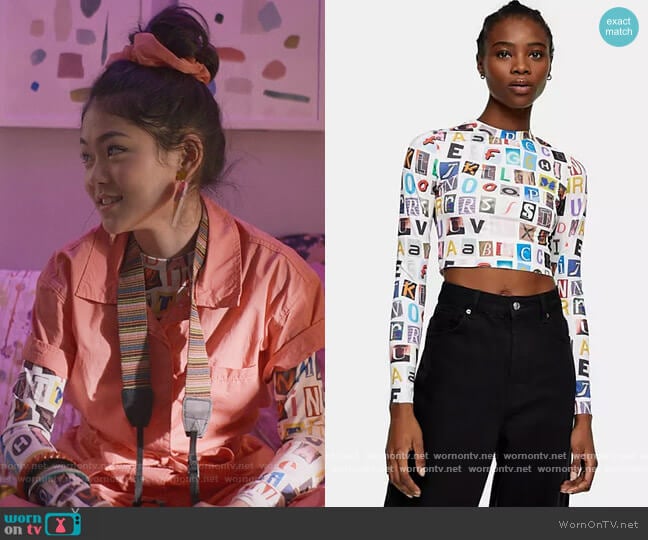 Alphabet Print Top by Topshop worn by Claudia Kishi (Momona Tamada) on The Baby-Sitters Club