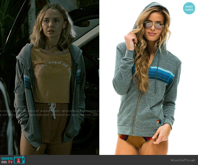 Aviator Nation 5 Stripe Hoodie in Heather Grey / Blue Stripes worn by Lennon (Madison Iseman) on I Know What You Did Last Summer