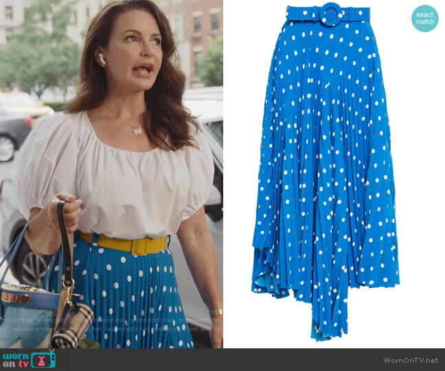 Balenciaga Asymmetric pleated polka-dot crepe midi skirt worn by Charlotte York (Kristin Davis) on And Just Like That