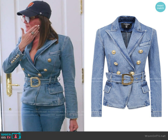 Double Breasted Denim Jacket by Balmain worn by Meredith Marks on The Real Housewives of Salt Lake City