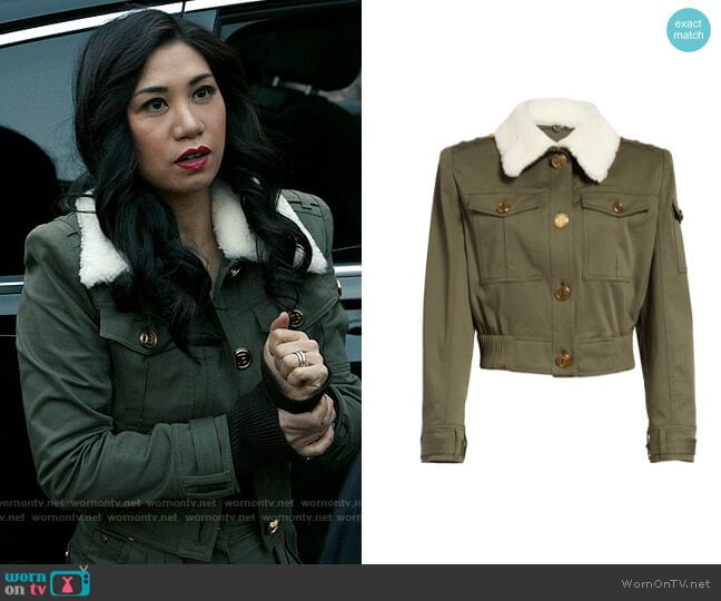 Balmain Genuine Shearling Trim Crop Denim Jacket worn by Melody Bayani (Liza Lapira) on The Equalizer