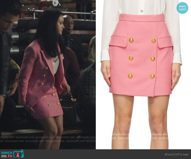 Pink Double-Buttoned Miniskirt by Balmain worn by Veronica Lodge (Camila Mendes) on Riverdale