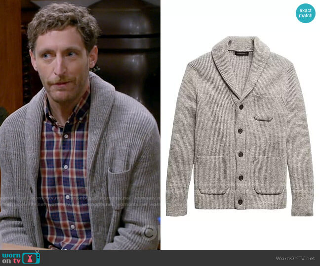 Banana Republic SUPIMA® Cotton Cardigan Sweater in Gray Marl worn by Drew Dunbar (Thomas Middleditch) on B Positive