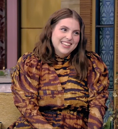 Beanie Feldstein’s tiger print turtleneck top and dress on Live with Kelly and Ryan