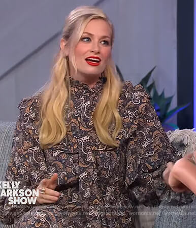 Beth Behrs' black paisley print dress on The Kelly Clarkson Show