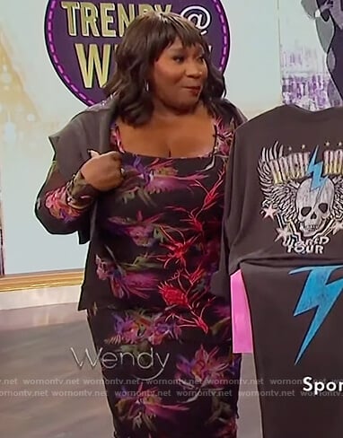 Bevy Smith's black floral print mesh dress on The Wendy Williams Show