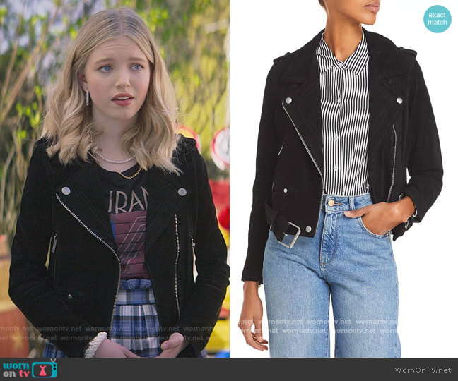 Suede Moto Jacket by BlankNYC worn by Stacey McGill (Shay Rudolph) on The Baby-Sitters Club