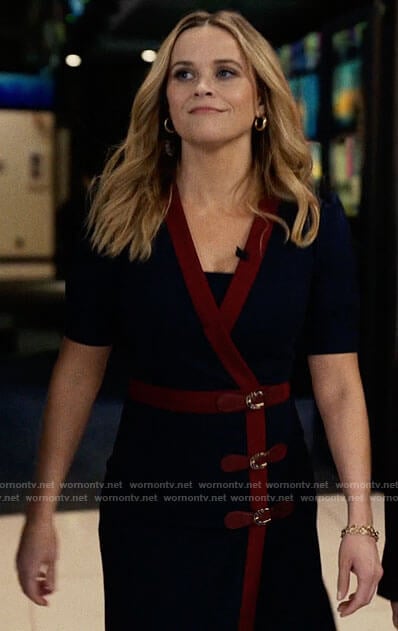 Bradley’s blue buckled wrap dress with red trim on The Morning Show