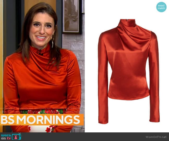 Brandon Maxwell Draped Neck Silk Blouse worn by Laurie Segal on CBS Mornings