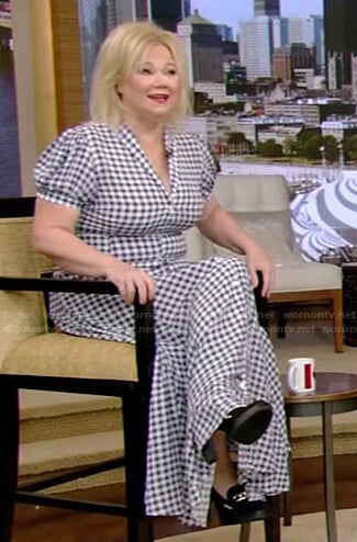 Caroline Rhea’s blue gingham check maxi dress on Live with Kelly and Ryan