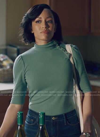 Charley's green buttoned shoulder top on Queen Sugar