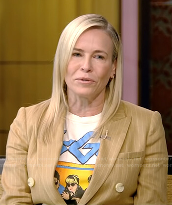 Chelsea Handler's graphic tee and beige striped blazer on Live with Kelly and Ryan