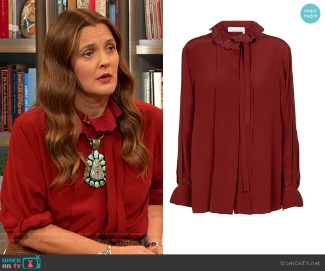 Embroidered tie-neck silk blouse by Chloe worn by Drew Barrymore on The Drew Barrymore Show