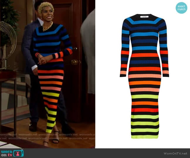 Christopher John Rogers Rainbow Striped Ribbed Midi Dress worn by Paris Buckingham (Diamond White) on The Bold and the Beautiful