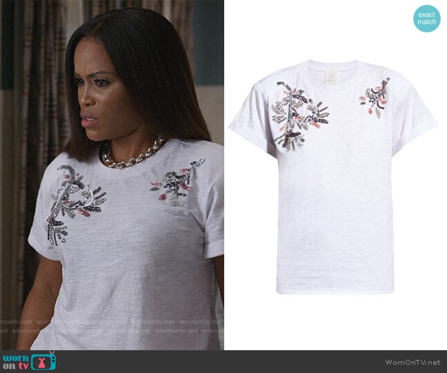 Lover Bree Embroidered Tee by Cinq a Sept worn by Brianna (Eve) on Queens