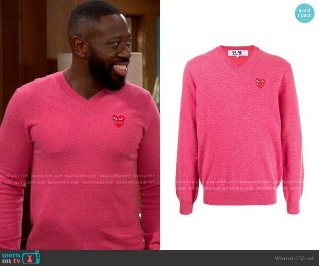 Comme des Garcons Play Pink Double Heart V-Neck Sweater worn by Malcom (Sheaun McKinney) on The Neighborhood