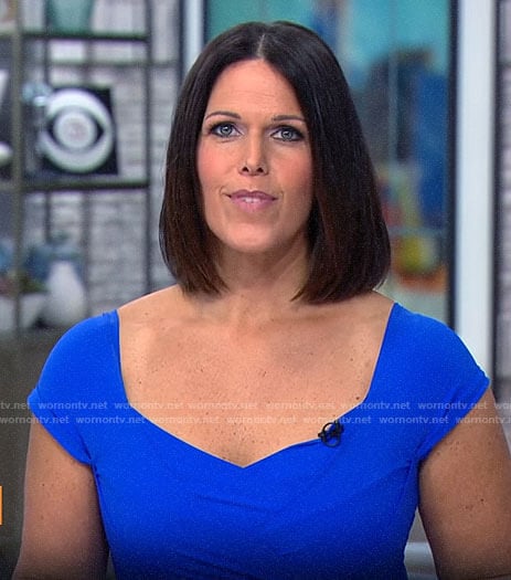 Dana Jacobson’s blue cap sleeve dress on CBS Saturday Morning