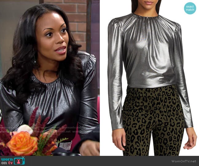 Derek Lam Kary Metallic Crepe Blouse worn by Amanda Sinclair (Mishael Morgan) on The Young and the Restless