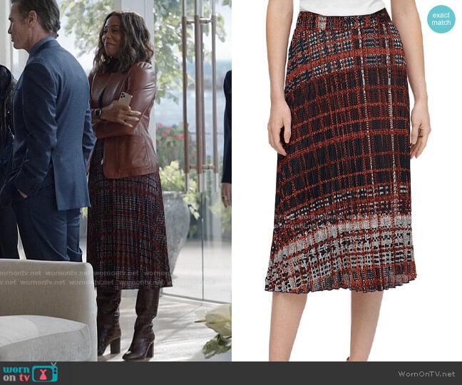 DKNY Plaid Pleated Midi Skirt worn by Mia Jordan (Karen Pittman) on The Morning Show