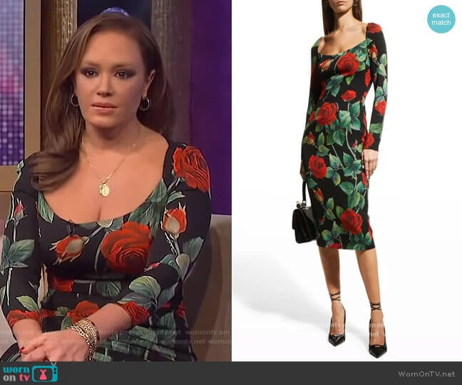 Rose-Print Midi Sheath Dress by Dolce & Gabbana worn by Leah Remini on The Wendy Williams Show