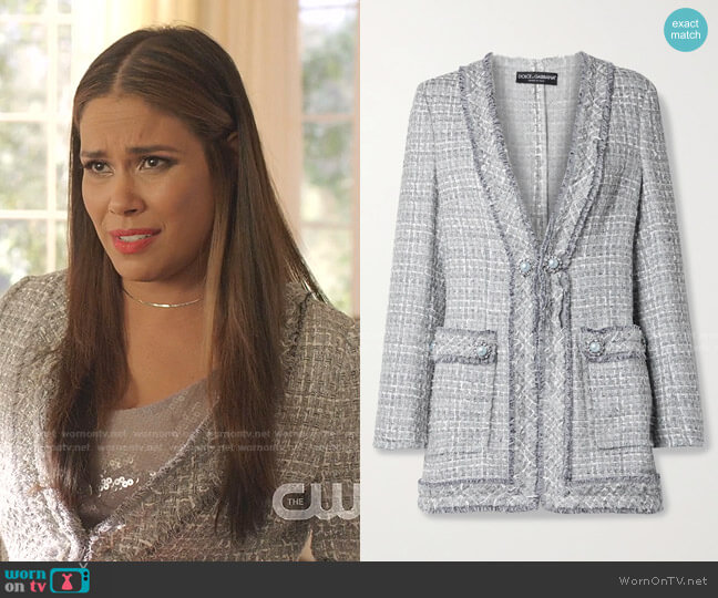 Embellished Frayed Metallic Tweed Jacket by Dolce & Gabbana worn by Cristal Jennings (Daniella Alonso) on Dynasty