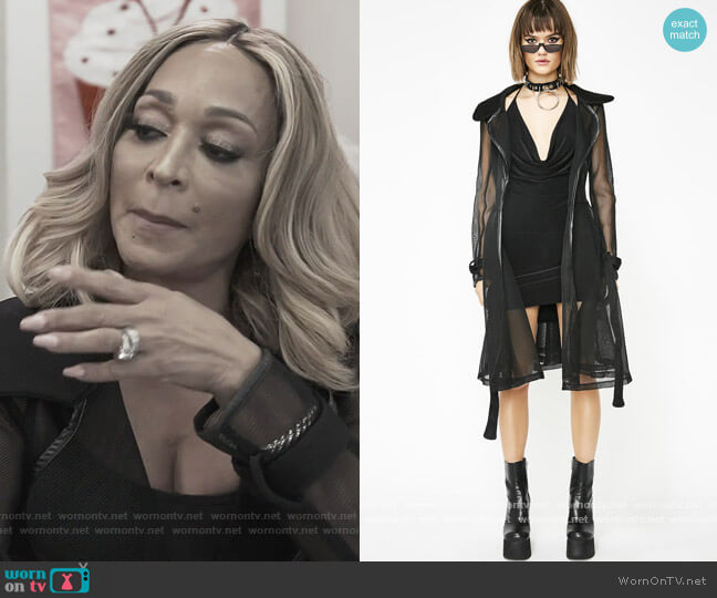 Dark Winning Streak Mesh Trench Coat by Dolls Kill worn by Karen Huger on The Real Housewives of Potomac