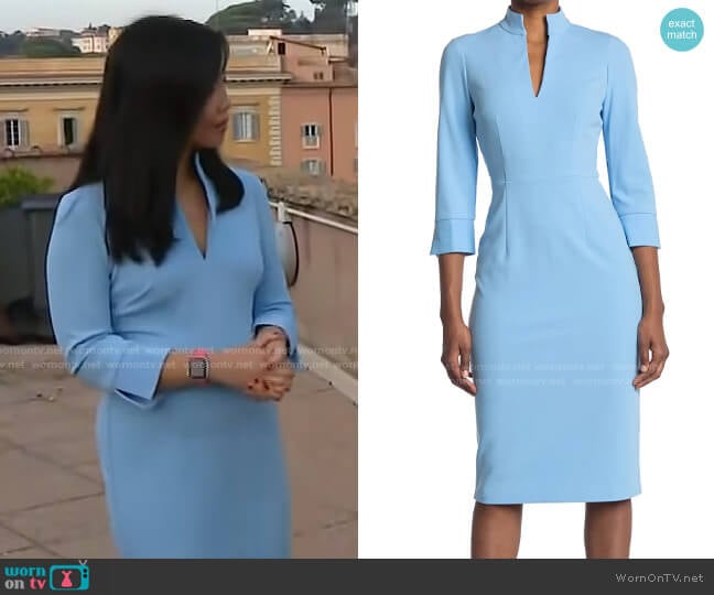 Donna Morgan 3/4 Sleeve Stretch Crepe Collarstand V-Cutout Sheath Dress worn by Weijia Jiang on CBS Mornings