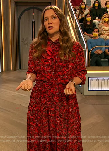 Drew’s red lip print blouse and skirt on The Drew Barrymore Show