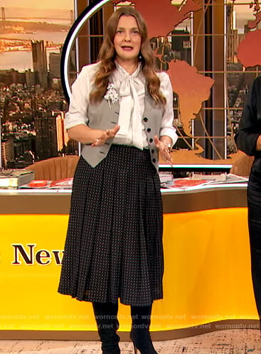 Drew’s white tie neck blouse and skirt on The Drew Barrymore Show