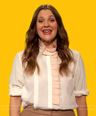 Drew’s white ruffle trim blouse on The Drew Barrymore Show