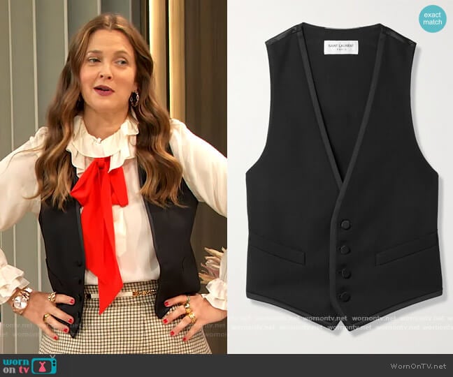 Cropped grain de poudre wool and silk-satin vest by Saint Laurent worn by Drew Barrymore on The Drew Barrymore Show