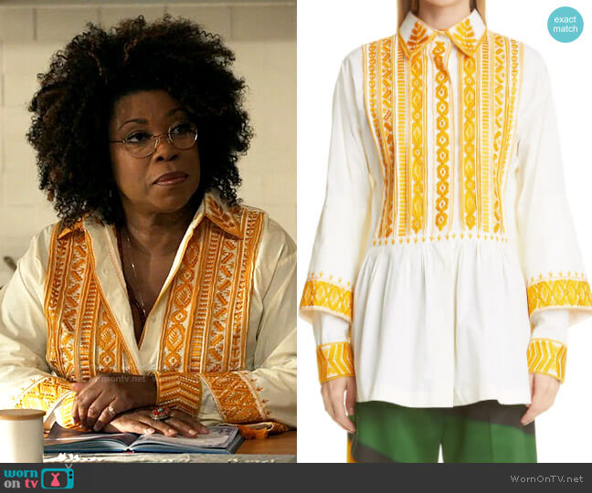 Dries van Noten Castaly Embroidered Tassel Peplum Shirt worn by Viola Marsette (Lorraine Toussaint) on The Equalizer