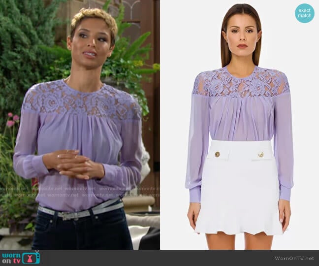 Elisabetta Franchi Silk Georgette Blouse with Lace in Lavender worn by Elena Dawson (Brytni Sarpy) on The Young and the Restless