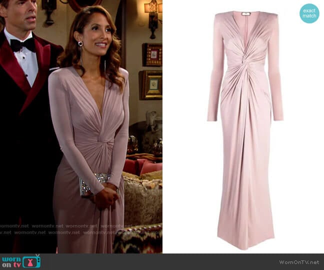 Elisabetta Franchi Red Carpet Evening Gown in Limestone worn by Lily Winters (Christel Khalil) on The Young and the Restless