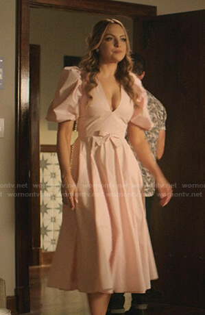 Fallon's pink puff sleeve v-neck dress on Dynasty