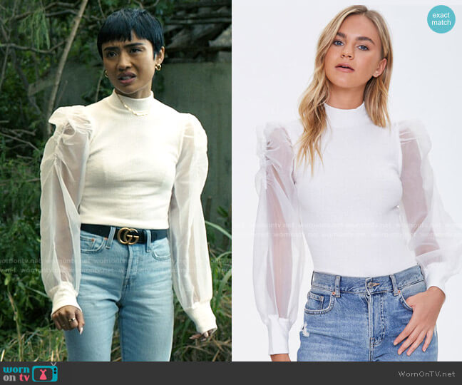 Forever 21 Mock Neck Sheer-Sleeve Top worn by Margot (Brianne Tju) on I Know What You Did Last Summer