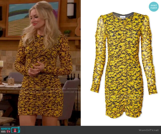 Ganni Ruched Mini Dress worn by Gemma (Beth Behrs) on The Neighborhood