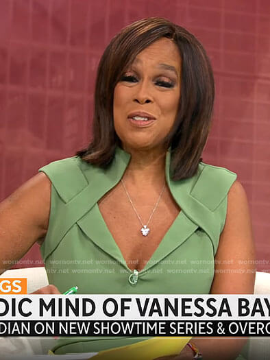 Gayle King’s green folded neckline dress on CBS Mornings