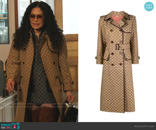 GG Pattern Trench Coat by Gucci worn by Jen Shah on The Real Housewives of Salt Lake City