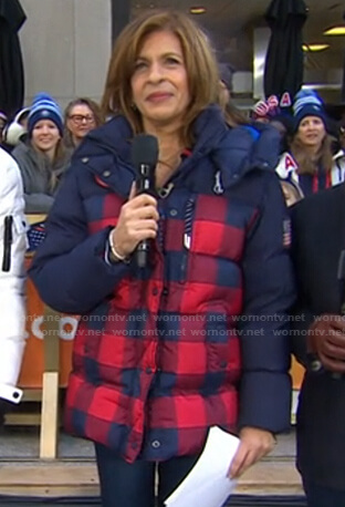 Hoda’s navy and red check puffer jacket on Today