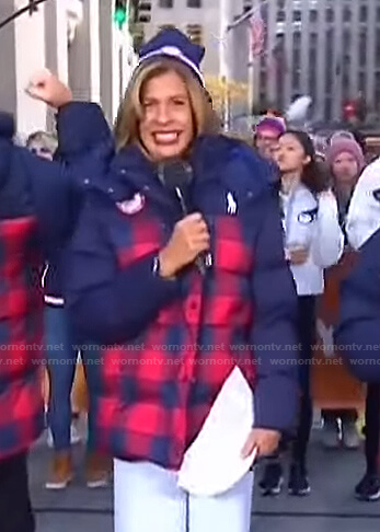 Hoda’s navy and red check puffer jacket on Today